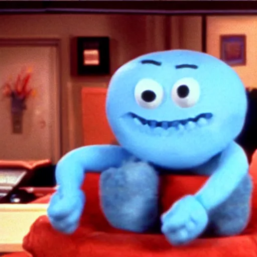 Image similar to still image of hyper realistic mr. meeseeks as a guest star on seinfeld, cinematic ( 1 9 9 4 )