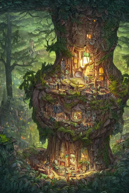 Prompt: a miniature city built into the trunk of a single colossal tree in the forest, with tiny people, in the style of cory loftis, lit windows, close - up, low angle, wide angle, awe - inspiring, highly detailed digital art