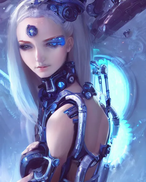 Image similar to holy cyborg necromancer girl, elegant, scifi, futuristic, utopia, garden, illustration, atmosphere, top lighting, blue eyes, white hair, beautiful, artstation, highly detailed, art by yuhong ding and chengwei pan and serafleur and ina wong