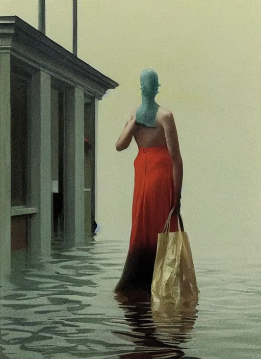 Prompt: woman dressed in transparent plastic bags, paper bags in hands and over the head, on flooded street Edward Hopper and James Gilleard, Zdzislaw Beksinski, highly detailed