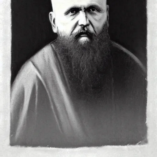 Image similar to charcoal portrait of an early 20th century russian orthodox priest, bald, bierdless, no eyebrows