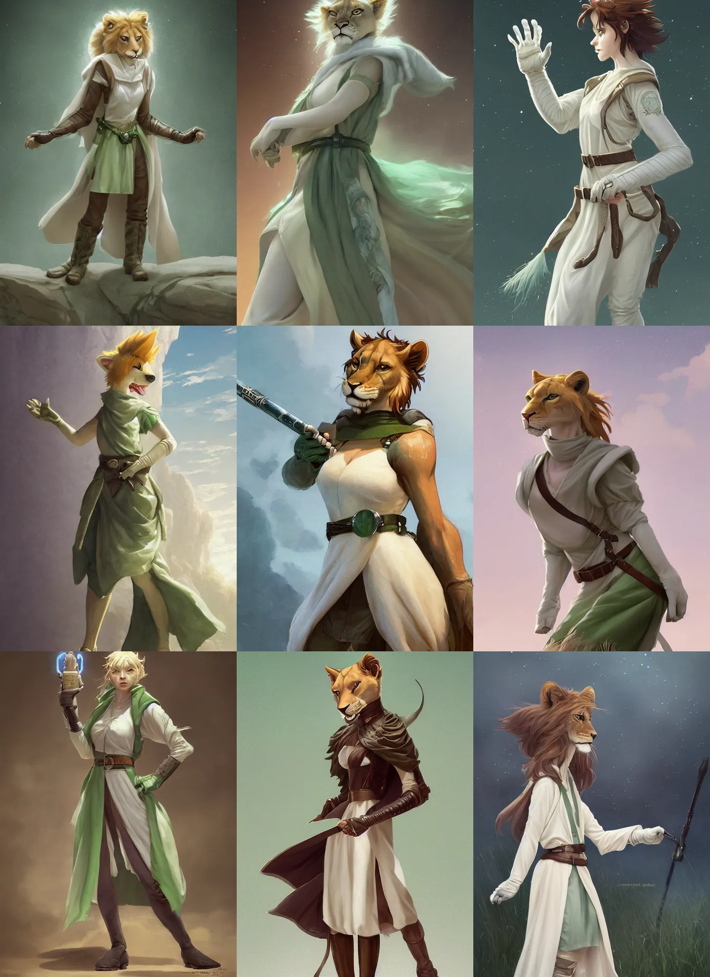 Prompt: beautiful portrait of a female anthropomorphic lioness fursona wearing a sleeveless pale - white and pale - green jedi robe. leather gloves. leather boots. leather belt. character design by charlie bowater, ross tran, artgerm, and makoto shinkai, detailed, soft lighting, rendered in octane