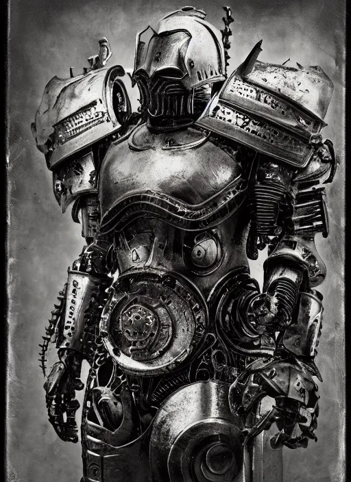 Prompt: old wetplate daguerreotype frame portrait of a futuristic silver armored evil dangerous horror knight district 9 cyborg, fractal, intricate, elegant, highly detailed, subsurface scattering, by jheronimus bosch and greg rutkowski and louis jacques mande daguerre