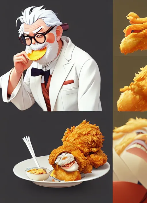 Image similar to cute colonel sanders eating fried chicken, natural lighting, path traced, highly detailed, high quality, digital painting, by don bluth and ross tran and studio ghibli and alphonse mucha, artgerm