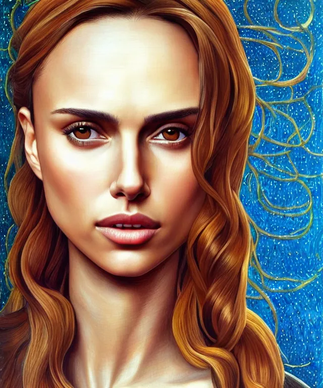 Image similar to half Nathalie portman half jessica alba portrait by Sandro Botticelli, sci-fi, amber eyes, beautiful face, appealing long hair, fantasy, intricate, elegant, highly detailed, digital painting, artstation, concept art, smooth, sharp focus, oil painted illustration by Sandro Botticelli