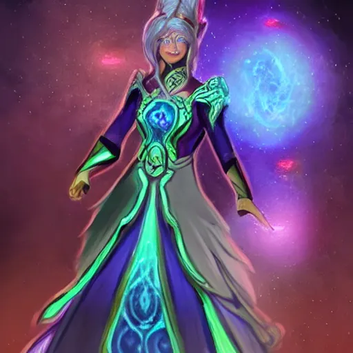 Image similar to character concept art of an astromancer wearing a beautiful cascading nebula gown