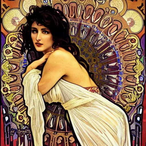 Prompt: full body portrait of Monica Bellucci painted by Alphonse mucha. Highly detailed.