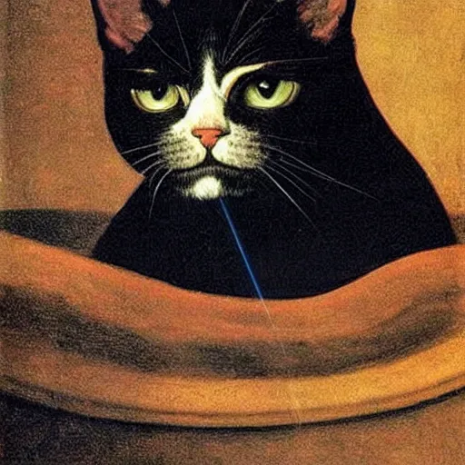 Image similar to a cat that shoots laser beams from the eyes, painted by caravaggio