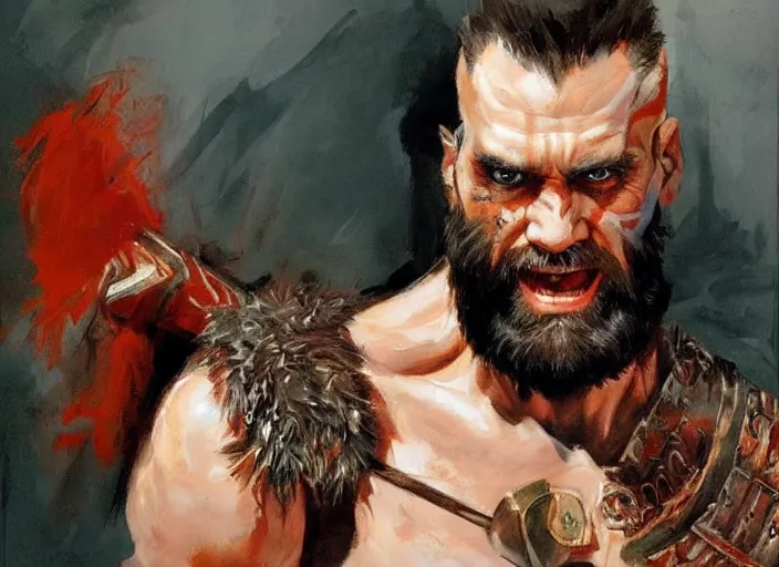 Image similar to a highly detailed beautiful portrait of jim carrey as kratos, by gregory manchess, james gurney, james jean