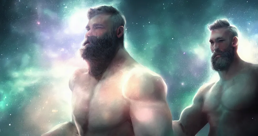 Prompt: male, white beard, space clouds, milkyway, green eyes, bodybuilder, single subject, intricate, detailed, volumetric lighting, scenery, digital painting, highly detailed, artstation, sharp focus