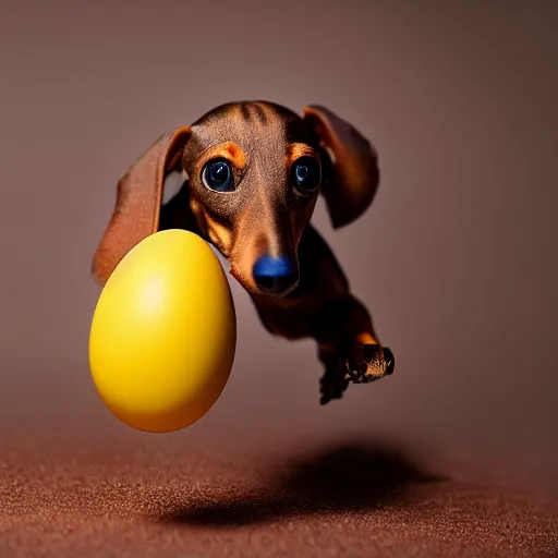 Prompt: egg cracking open with a baby dachshund inside, macrophotography,