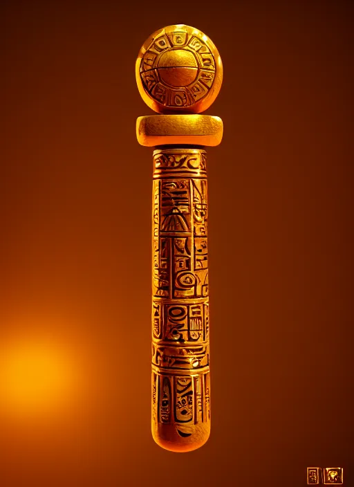 Image similar to rpg item render, a single egyptian wood staff made of gold, ancient symbols, bright, Unreal 5, DAZ, hyperrealistic, octane render, dynamic lighting