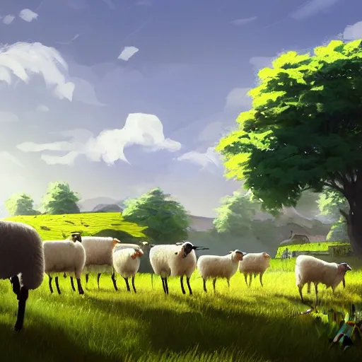 Prompt: an irish farmer herding sheep next to his small homestead in the irish countryside, highly detailed, digital painting, concept art, sharp focus, by makoto shinkai