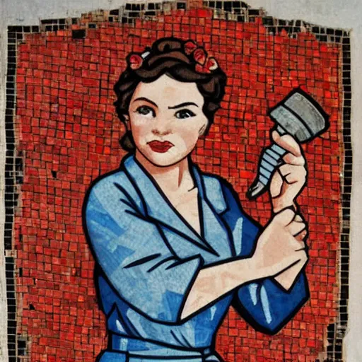 Image similar to Rosie the riveter holding a hammer and sickle, wearing a red rose, on roman mosaic