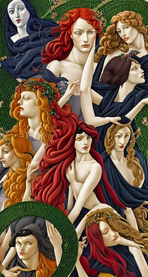 Image similar to 12 figures, representing the 4 seasons, (3 are Winter, 3 are Spring, 3 are Summer and 3 are Autumn), in a mixed style of Botticelli and Æon Flux!!, inspired by pre-raphaelite paintings, and cyberpunk!!!, stunningly detailed, stunning inking lines, flat colors, 4K photorealistic