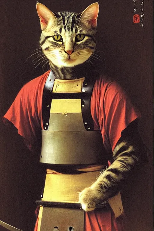 Image similar to portrait of a cat samurai, wearing samurai armor and helmet, majestic, solemn, by bouguereau