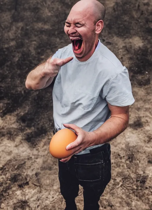 Image similar to a man standing atop an egg laughing wildly