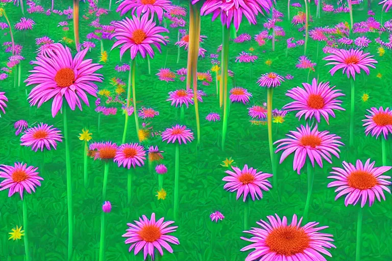 Image similar to beautiful field of giant gerber daisy flowers digital illustration by dr. seuss : 1 | colorful surreal psychedelic megaflora forest by beeple : 1