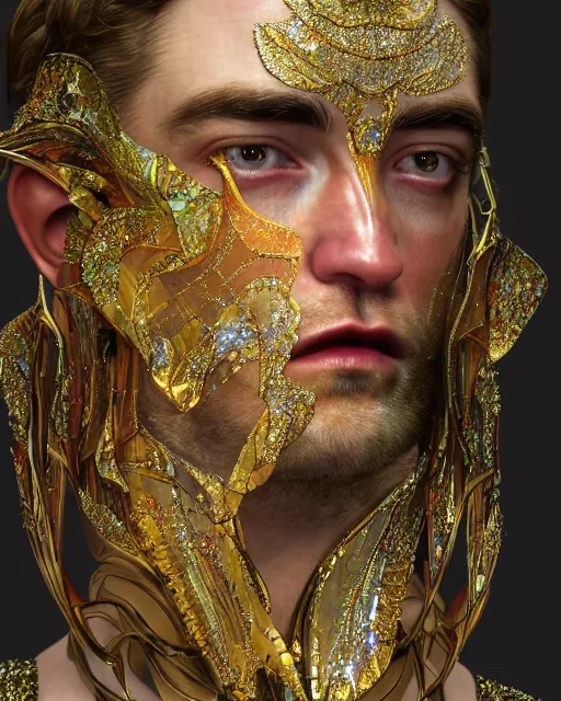 Image similar to a highly detailed metahuman 8 k close up render of robert pattinson renaissance in iris van herpen dress schiaparelli in diamonds crystals swarovski and jewelry iridescent in style of alphonse mucha gustav klimt trending on artstation made in unreal engine 4