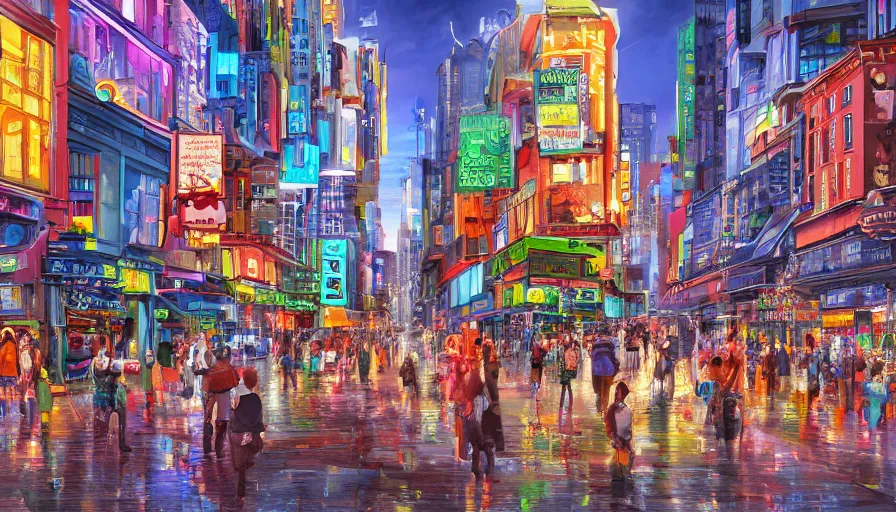 Prompt: a busy city street, digital art, highly detailed, realistic, bright colors, 8 k