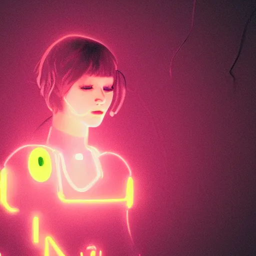 Image similar to realistic fantasy portrait of sad robo girl in neon light, fog around,