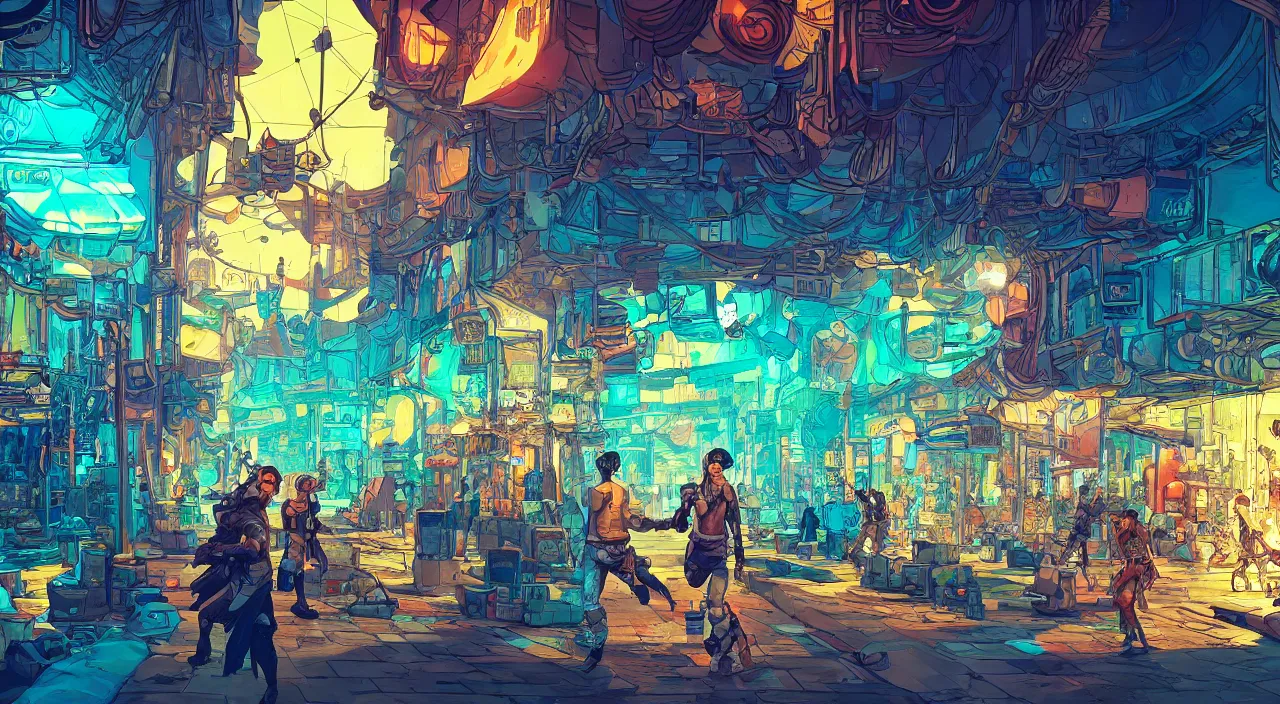 Image similar to bazaar zouk oriantal full color sky shine place mosquet painting stylized digital illustration video game icon global illumination ray tracing that looks like it is from borderlands and by feng zhu and loish and laurie greasley, victo ngai, andreas rocha, john harris