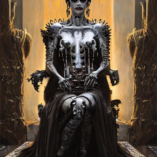 Image similar to queen of bones, sitting on a throne, detailed face, with a crown of skulls, skull earings ( blade runner, cyberpunk ) portrait by john william waterhouse and james gurney and theodore ralli and nasreddine dinet, oil on canvas. cinematic, hyper realism, realistic proportions, dramatic lighting, high detail 4 k