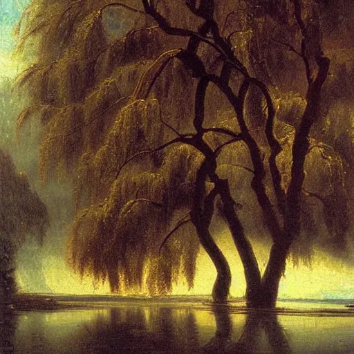 Prompt: oil painting of a willow tree next to a raging river by albert bierstadt, beautiful lighting - h 7 0 4