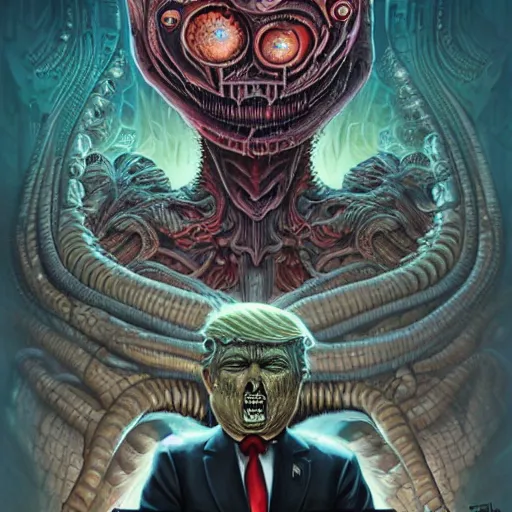 Prompt: Lofi Giger Lovecraft Lovecraftian BioPunk Trump portrait Pixar style by Tristan Eaton Stanley Artgerm and Tom Bagshaw