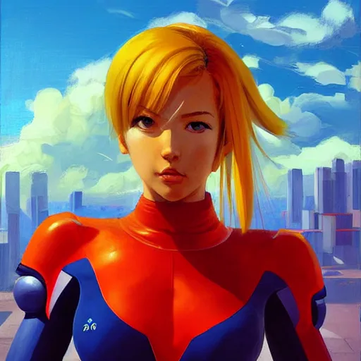 Image similar to portrait of Zero Suit Samus, medium shot, asymmetrical, profile picture, Organic Painting, sunny day, Matte Painting, bold shapes, hard edges, street art, trending on artstation, by Greg Manchess and Huang Guangjian and Loish and Gil Elvgren and Sachin Teng