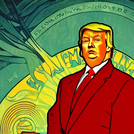 Image similar to Portrait of Trump wearing a red suit, illustrated by Alphonse Mucha, yellow stars, award-winning digital art, 4k resolution,