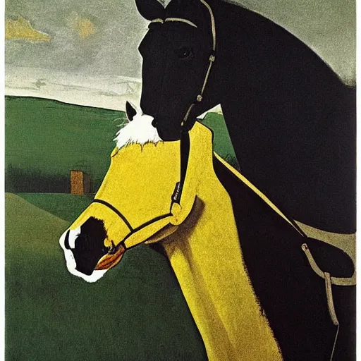 Image similar to portrait horse-face Nightmarish Horse Man Warlock the Bobby Fischer camouflaged as a Pony wearing a yellow hoodie eyvind earle greg rutkowski edgar degas andrew wyeth giorgio de chirico