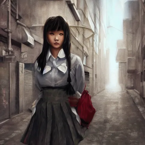 Image similar to a perfect, realistic professional acryl painting of a Japanese schoolgirl posing in a dystopian alleyway, style of Marvel, full length, by a professional American senior artist on ArtStation, a high-quality hollywood-style concept