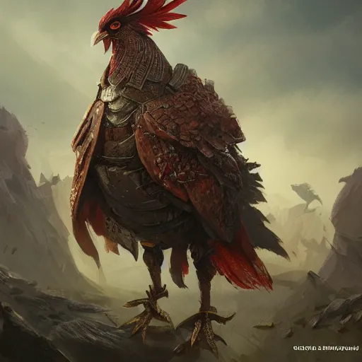 Image similar to chicken with armor, highly detailed, illustration, fantasy art, in the style of greg rutkowski, epic, fantasy, intricate, hyper detailed, artstation, concept art, smooth, sharp focus, ray tracing