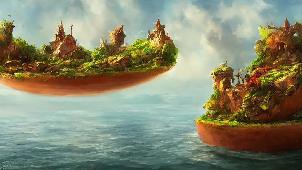 Prompt: floating island, trending on art station, oil painting, concept art