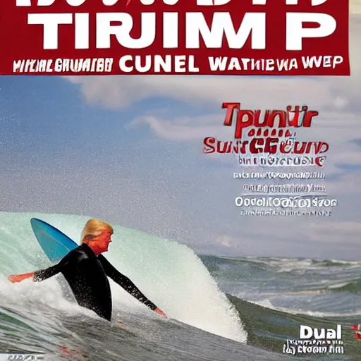 Prompt: donald trump catching a wave, cover of surfer magazine, july 2 0 1 1