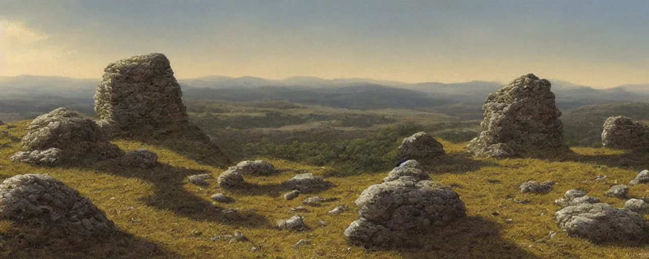 Prompt: a high hill landscape with a circle of four large stones like fingers on the top, by ted nasmith