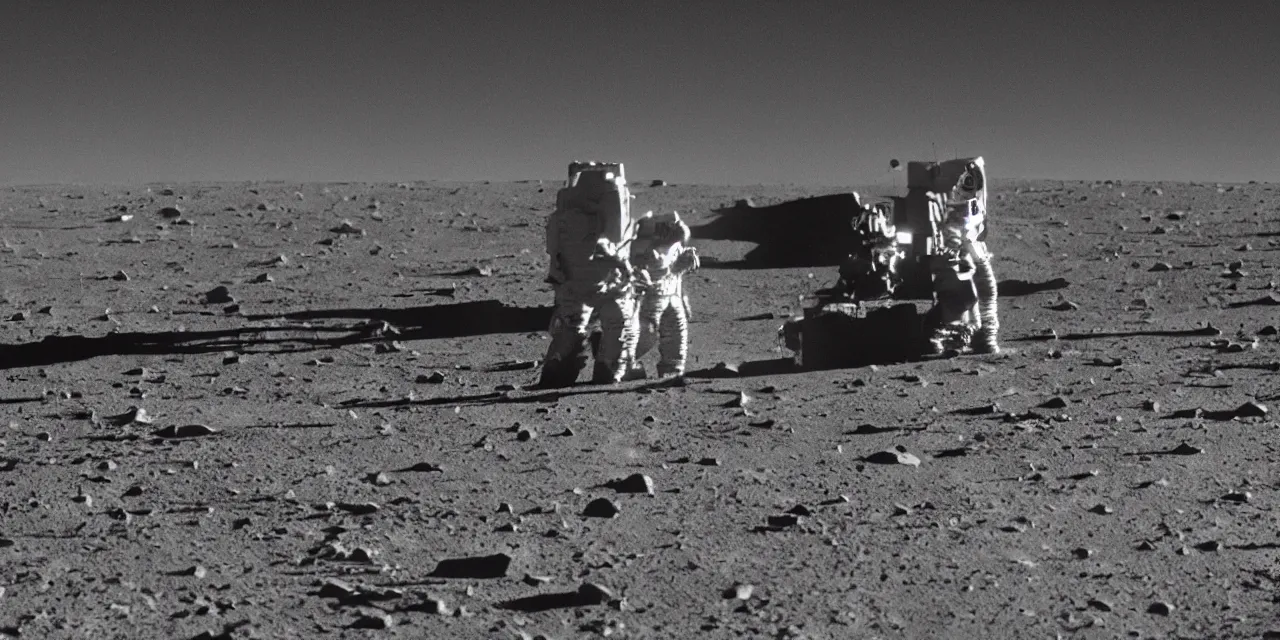 Image similar to closeup black and white photo from the surface of the moon with an astronaut on it, cinematic film still, glowing landing lights on spaceship, stars and space in the background,