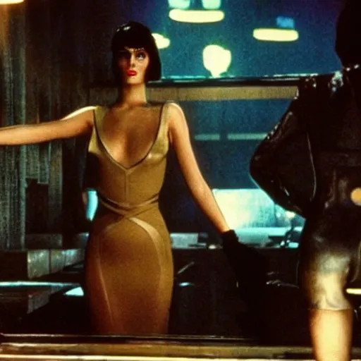 Image similar to 1 9 8 2 film stills of blade runner's rachel with beyonce, getting drinks at a futuristic bar. dark and atmospheric, touches of frank lloyd wright and syd mead,.