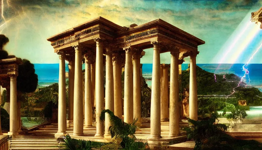 Image similar to Palace of the occult, mediterranean balustrade and columns, refracted sparkles, thunderstorm, greek pool, beach and Tropical vegetation on the background major arcana sky and occult symbols, by paul delaroche, hyperrealistic 4k uhd, award-winning, very detailed paradise