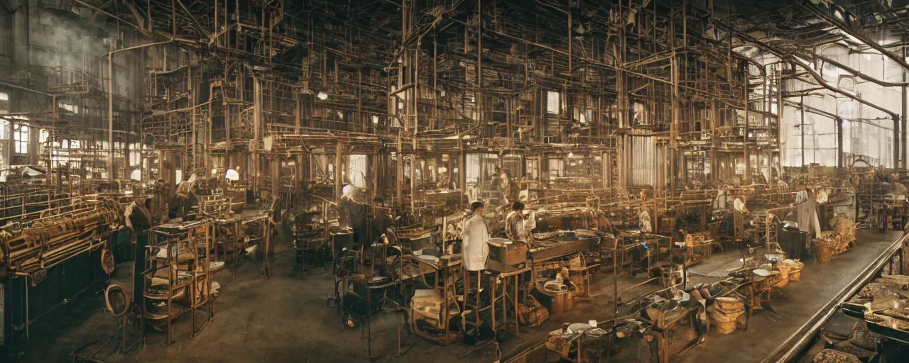 Image similar to spaghetti in a 1 9 2 0's industrial factory, steam, national geographic, detailed, canon 2 0 mm, wes anderson, kodachrome