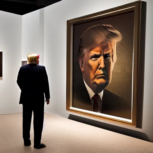 Image similar to trump watching a cyborg trump exhibition in a museum, studio lighting, photography, highly detailed, 4 k,