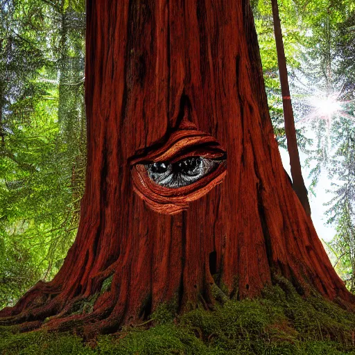 Prompt: ancient redwood tree with face made of bark on trunk detailed magical realism painting 4 k