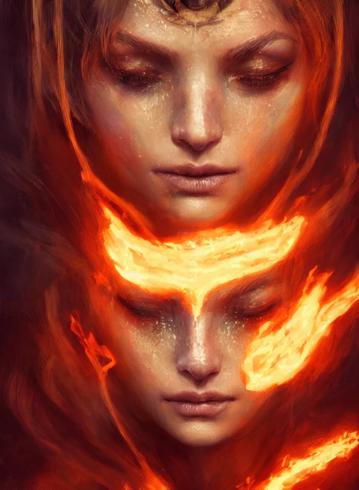Prompt: a face portrait of a beautiful girl as a fire sorceress from skyrim, fantasy setting, beautiful face, serene colors, soft lighting, atmospheric, cinematic, moody, in the style of diego koi, gina heyer, luiz escanuela, art by alyssa monk, hyperrealism, rule of thirds, golden ratio, oil on canvas, 8 k