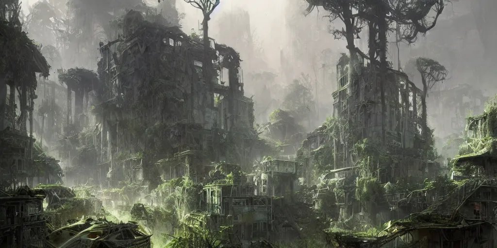 concept art of an abandoned city in ruins, overgrown | Stable Diffusion