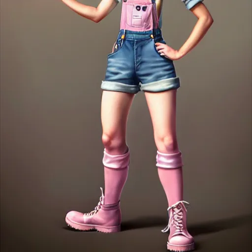 Image similar to full body pose, pixar, beautiful androgynous girl, pink pixie cut hair, torn overalls, short shorts, combat boots, fishnets, beautiful, highly detailed face, true anatomy!, extremely detailed!, digital painting, unreal engine 5, art by tom bagshaw