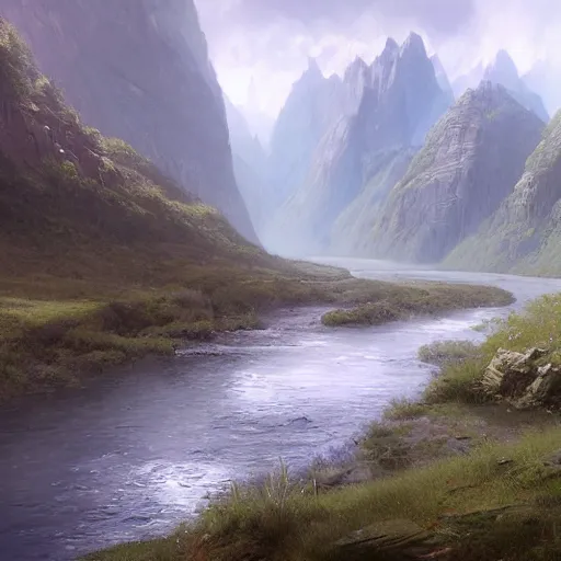 Image similar to A remote river valley, Concept art, 8k, james gurney, greg rutkowski, john howe, artstation