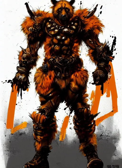 Image similar to Full body portrait of tall gnoll in golden armour and orange fur. In style of Yoji Shinkawa and Hyung-tae Kim, trending on ArtStation, dark fantasy, great composition, concept art, highly detailed, dynamic pose.