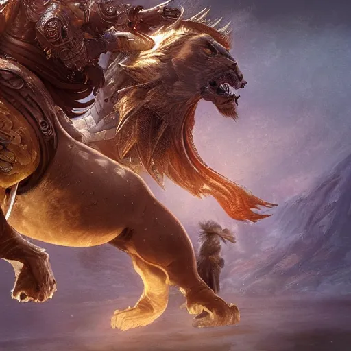 Image similar to a warrior riding on an armored lion, au naturel, hyper detailed, digital art, trending in artstation, cinematic lighting, studio quality, smooth render, unreal engine 5 rendered, octane rendered, art style by klimt and nixeu and ian sprigger and wlop and krenz cushart