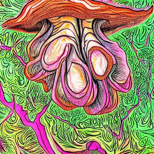 Image similar to detailed drawing of a white oyster mushroom fruiting from a tree trunk, psychedelic colors, tye dye